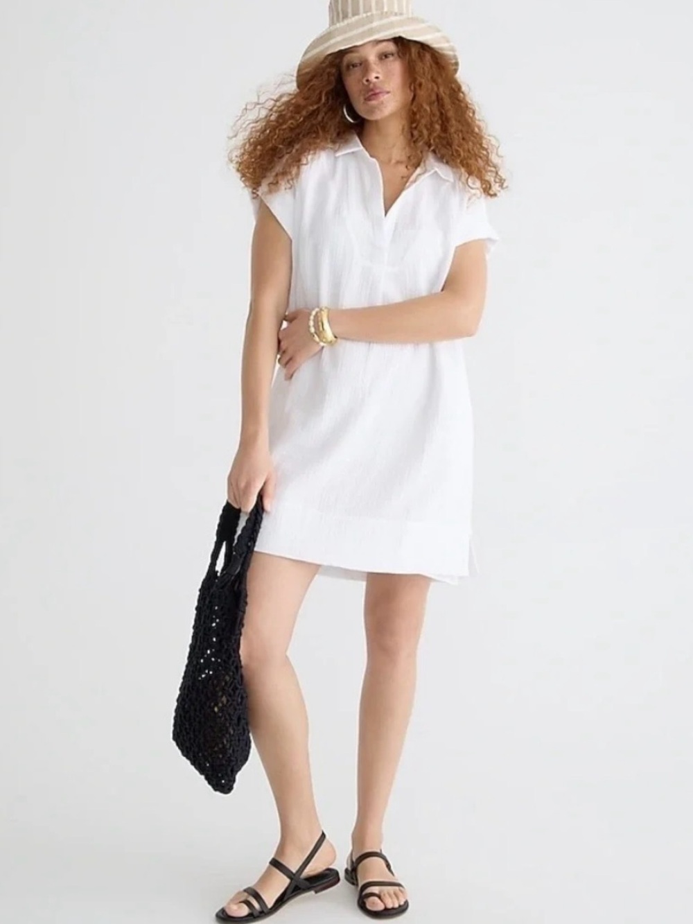 J. Crew V-neck Short Sleeve Soft Gauze Cotton Shirt Dress White Pockets Medium - Picture 2 of 16